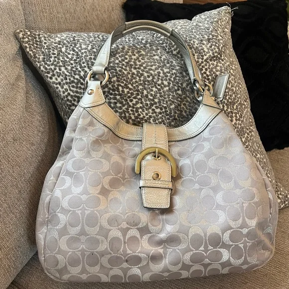 Coach Soho Signature Metallic Silver Gray Purple Sateen Buckle Hobo Shoulder Bag - Picture 8 of 10